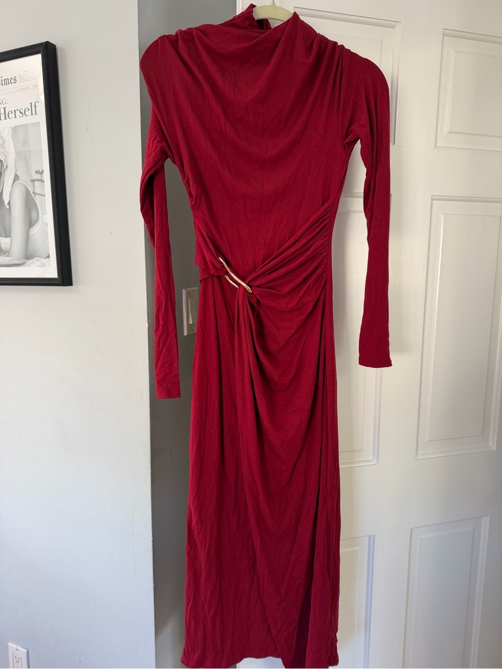 Commense Crimson Long-Sleeve Draped Maxi Dress
